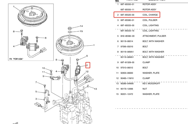 Bobina de carga 68T-85520 para Motor fueraborda Yamaha 4T 6HP 8HP 68T-85520-00 