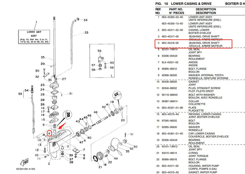 6E0-45316-09 Casquillo de cobre, eje conductor para motor fueraborda Yamaha 2T 4HP 5HP 6E0; 6E3 HDX Powertec 6E0-45316-00