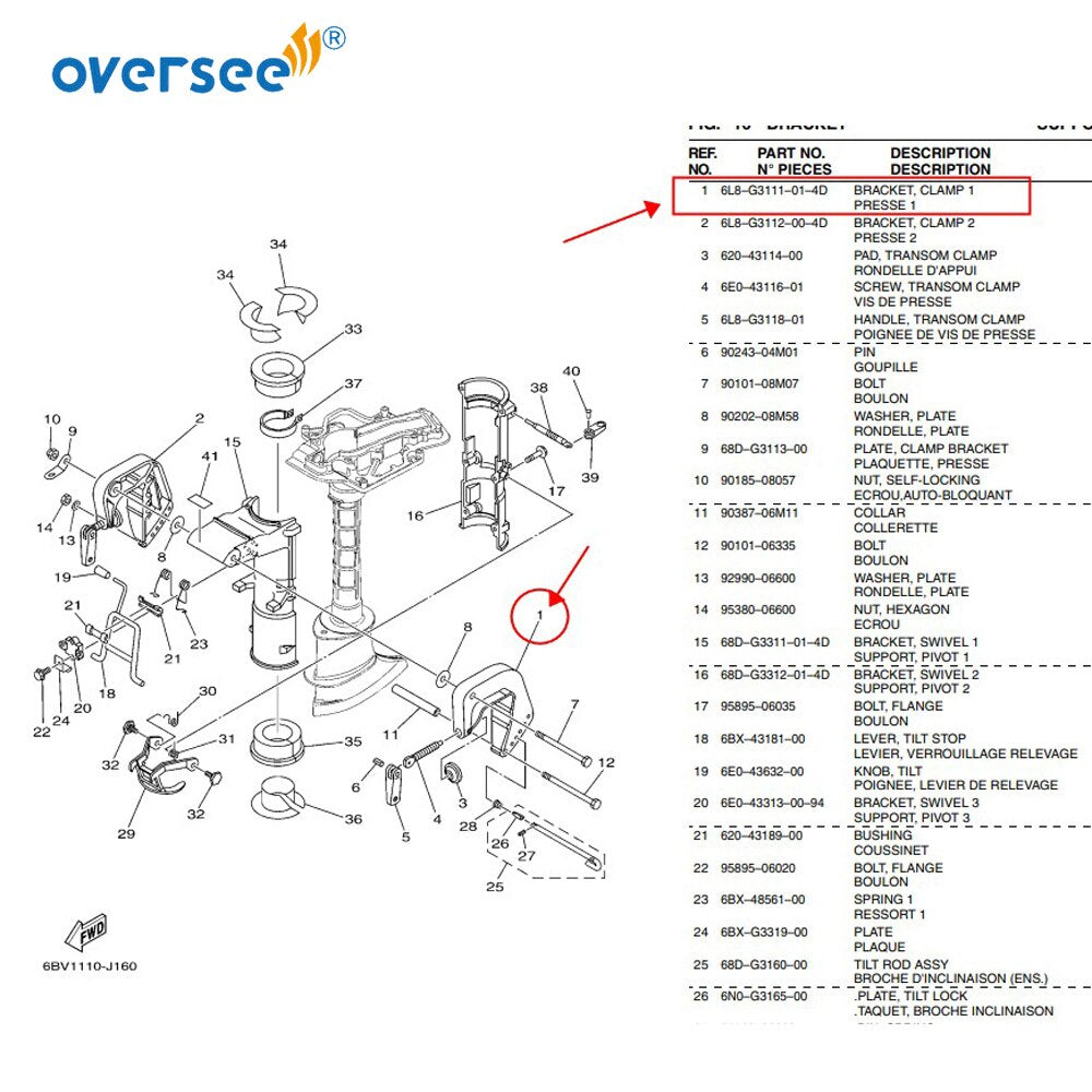 6L8-G3111-01-4D Clamp Bracket-Left for Yamaha 4HP 5HP 6HP Outboard Engine F4 F5 F6 Model 6E0-43111-02-8D