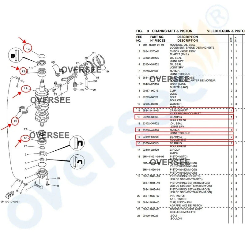 Supervisar Marina 688-11411; 688-11411-01 Reemplazo de cigüeñal de 3 cilindros para motor fueraborda Yamaha 75 85 90HP Enduro de 2 tiempos