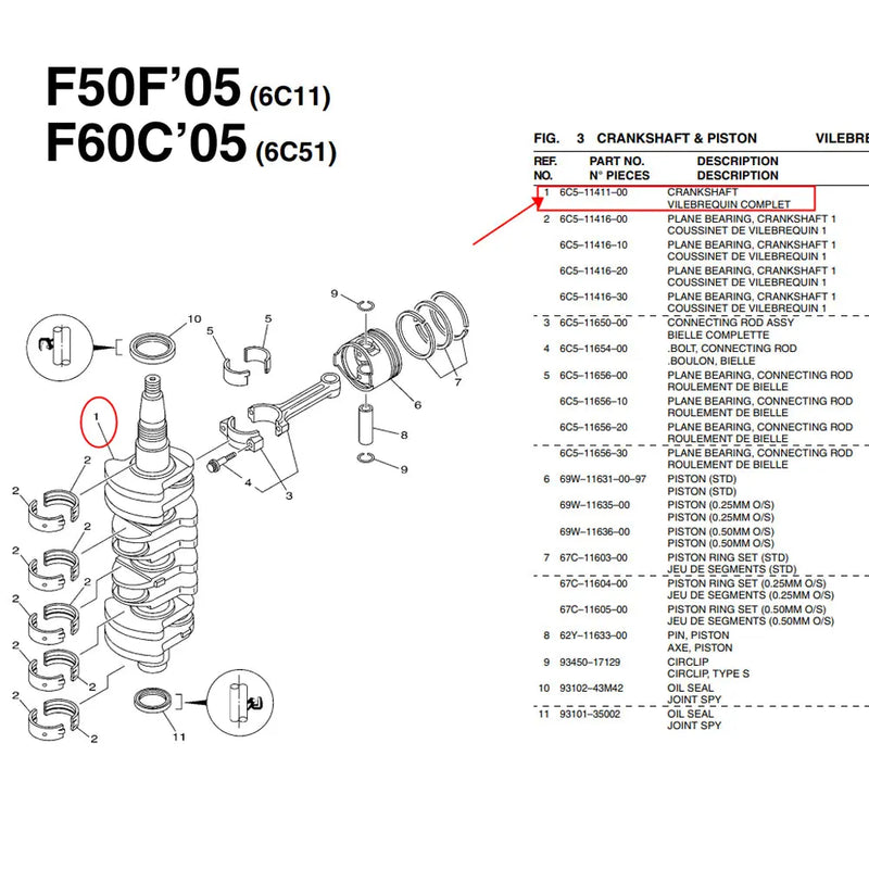 6C5-11411 Marine Parts Crankshaft For Yamaha Outboard Motor 4 Stroke 50HP/60HP F60cETL F50LB Top Real